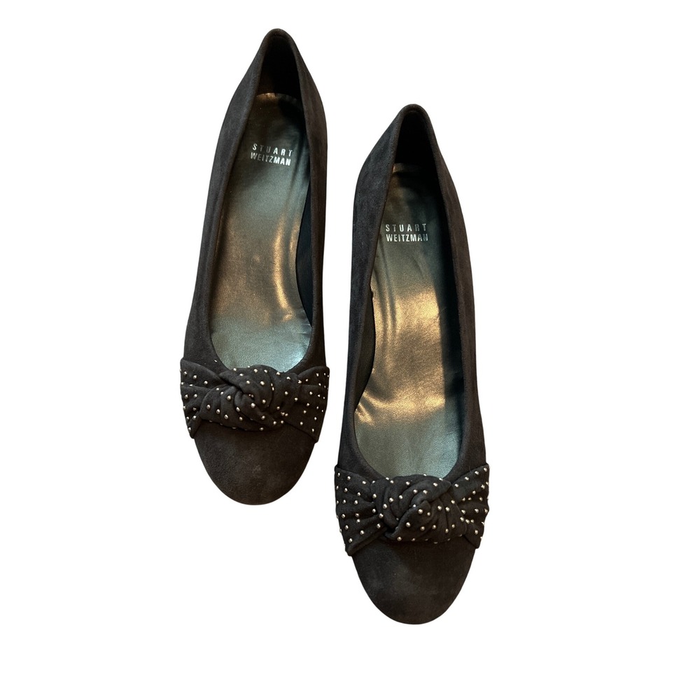 Stuart Weitzman Black Suede Studded Bow Wedge Pumps Shoes Size 9 SS Made Spain